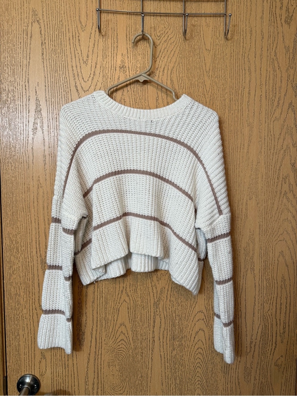 moon & madison Cream and Tan Cropped Striped Crew Sweater